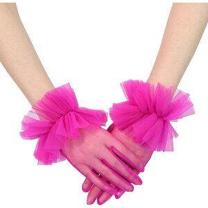 Women's Evening Fuschia Ruffles Tulle Mesh Short Gloves Party Tea Wedding Prom
